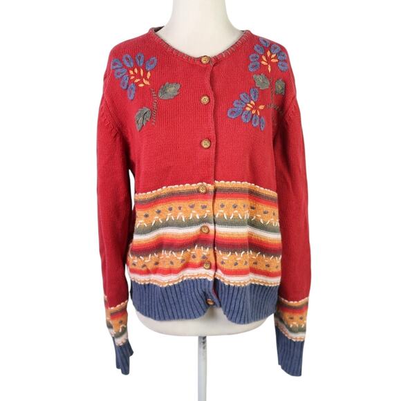 Vintage 90s Coldwater Creek Red Blue Floral Embroidered Cardigan Sweater L - Picture 2 of 6